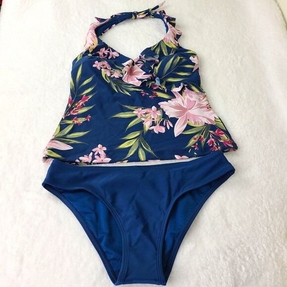 Cupshe Blue Ruffle Tankini Set NWT Tank Top and Bikini Swimsuit  Sz Small - Picture 2 of 16